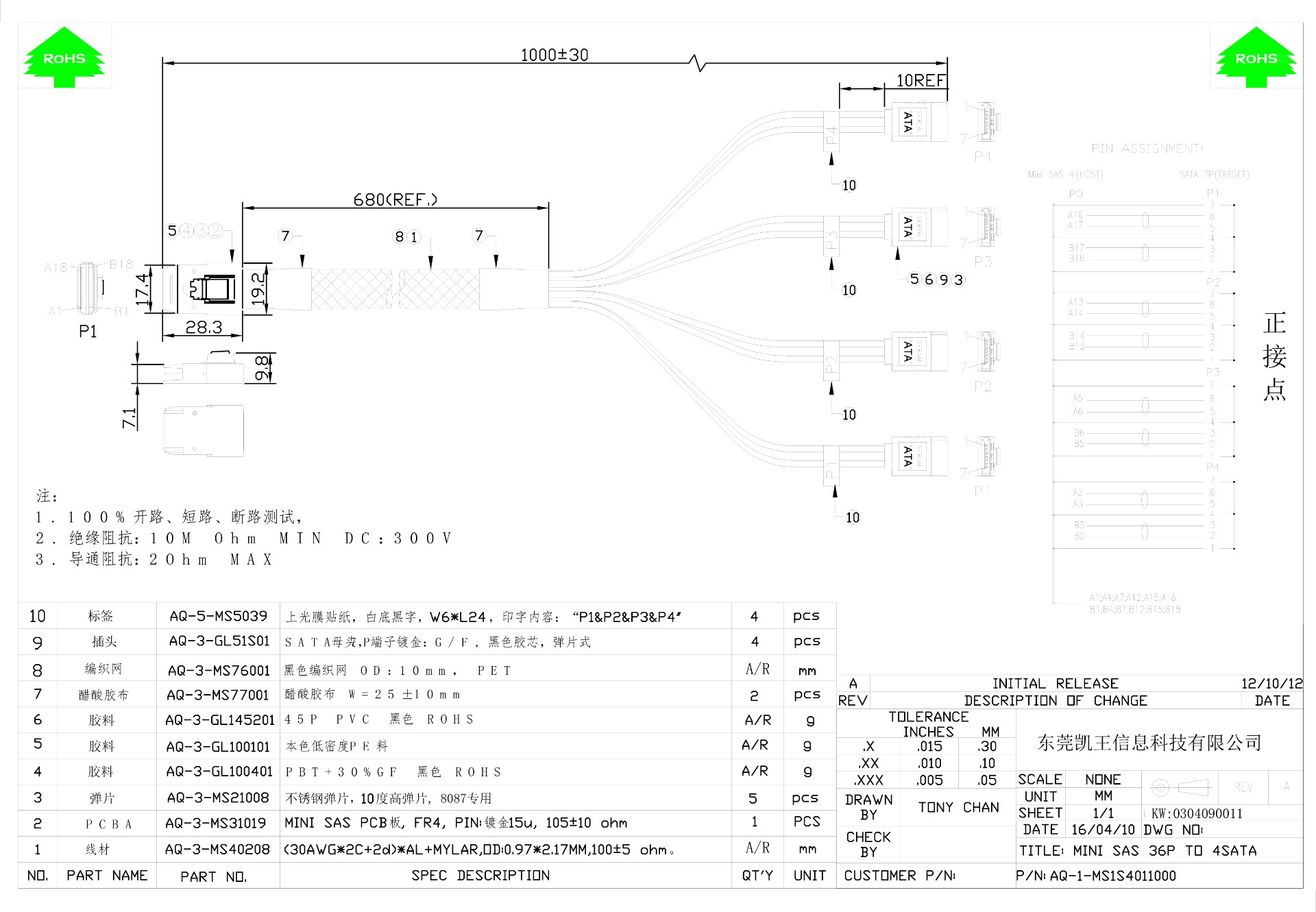 0304090011 SAS 8087 Connection Cable size